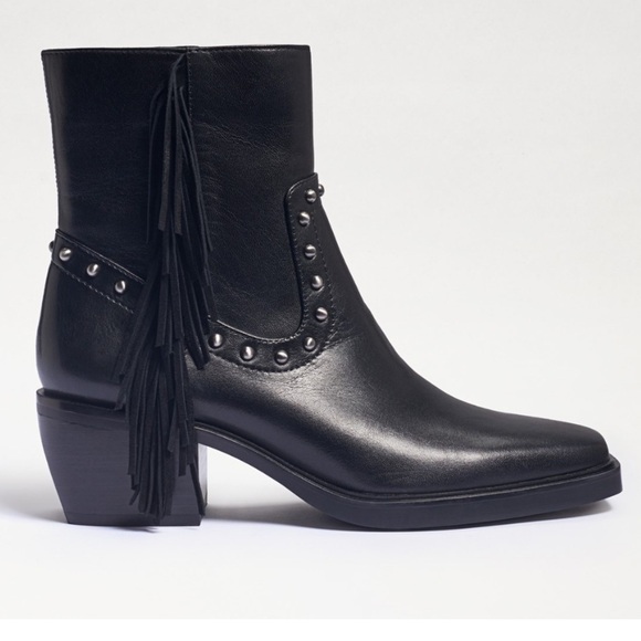 Sam Edelman Bernie black leather fringe studded square front western booties 6 M - Picture 2 of 13